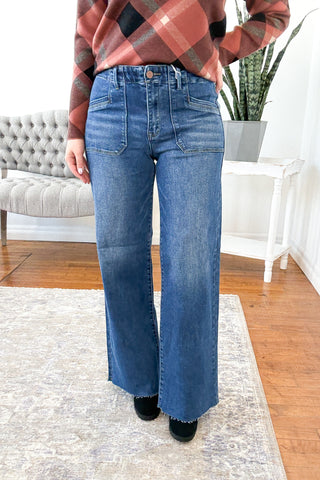 Ellis Mid Rise Patch Pocket Wide Leg Risen Jeans