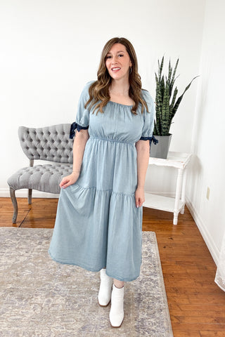 Vera Contrast Sleeve Denim Midi Dress