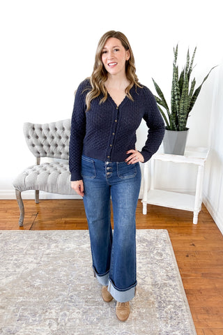 Navy Rose Button Cardigan