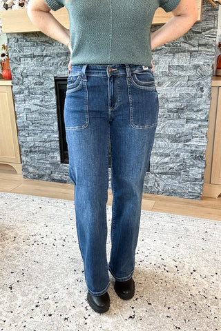 Aspyn Patch Mid Rise Double Pocket Straight Leg Judy Blue Jeans