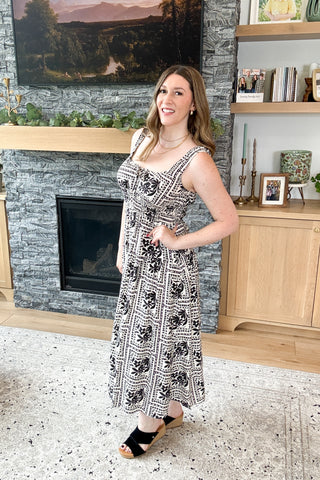 Storybrook Floral Tile Print Sleeveless Smocked Midi Dress