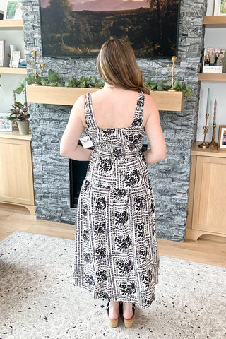 Storybrook Floral Tile Print Sleeveless Smocked Midi Dress