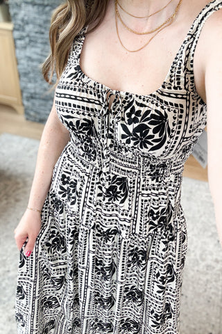 Storybrook Floral Tile Print Sleeveless Smocked Midi Dress