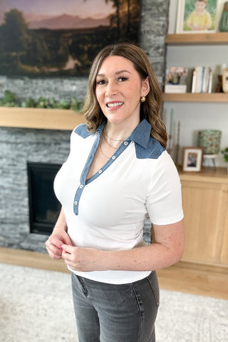 Lindy Denim Detail Collared Knit Top