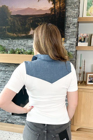 Lindy Denim Detail Collared Knit Top