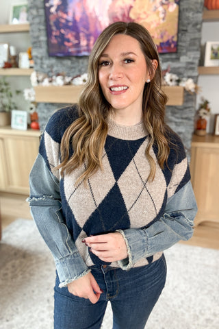 Jacque Denim Sleeve Gargoyle Print Sweater