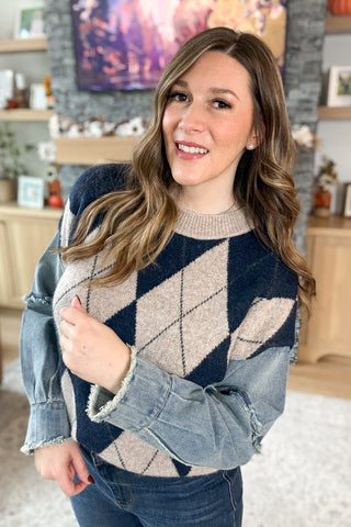 Jacque Denim Sleeve Gargoyle Print Sweater