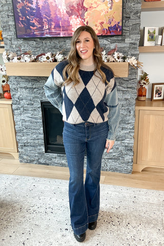 Jacque Denim Sleeve Gargoyle Print Sweater