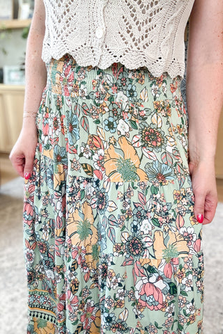 Sage Bloom Smocked Maxi Skirt