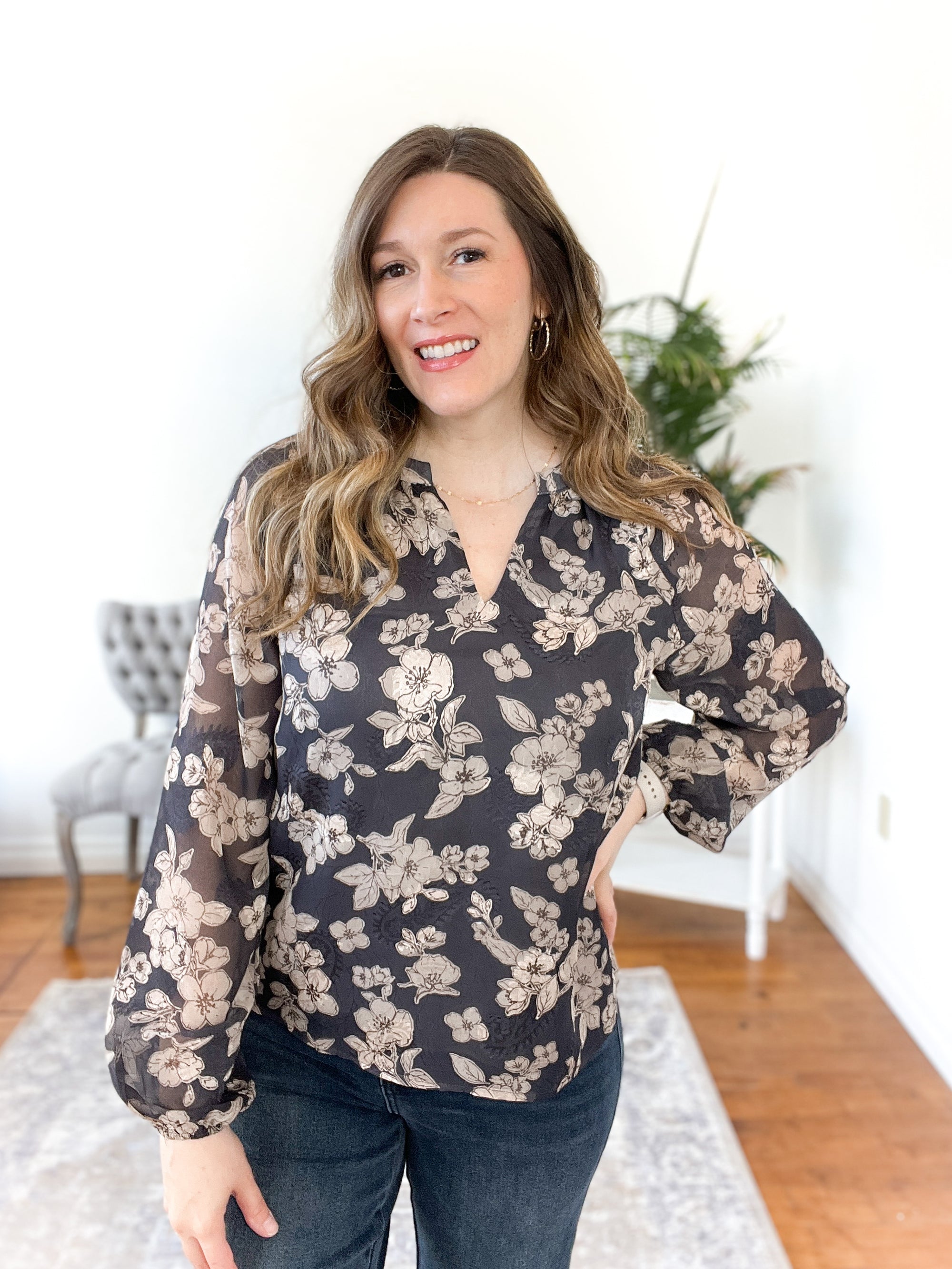 Shelby Floral Sheer-Sleeve Blouse