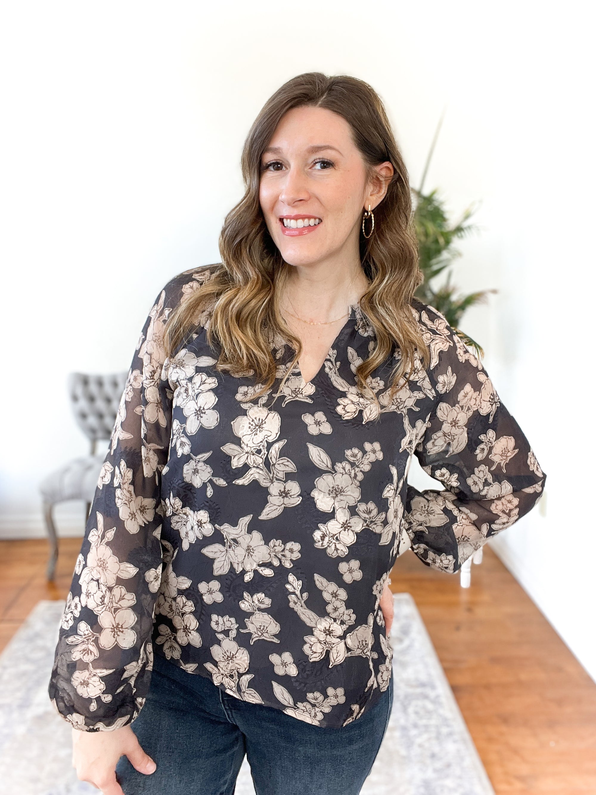 Shelby Floral Sheer-Sleeve Blouse