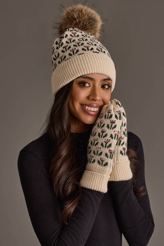 Floral Pattern Knit Mittens - Cream Purple