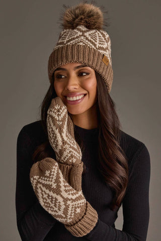 Patterned Knit Mittens - Taupe & Beige