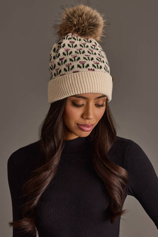 Floral Pattern Knit Pom Hat - Cream Purple