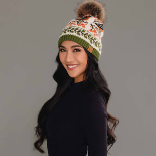 Bird Pattern Knit Pom Hat - Olive & Cream