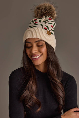 Floral Pattern Knit Pom Hat - Red Flower