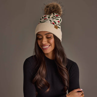 Floral Pattern Knit Pom Hat - Red Flower