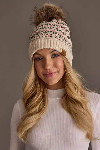 Floral Pattern Pom Hat - Cream & Pink