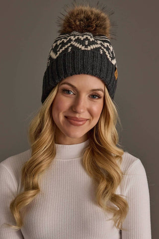 Patterned Pom Hat - Charcoal & Beige