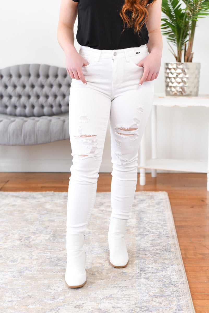 Greenlee Mid Rise Distressed Judy Blue Jeans - White FINAL SALE